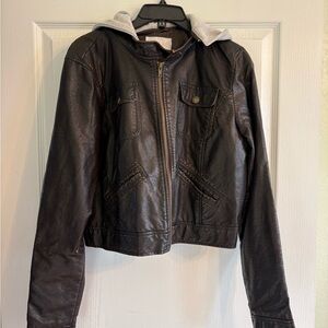 Women's Black Faux Leather Jacket with Hood